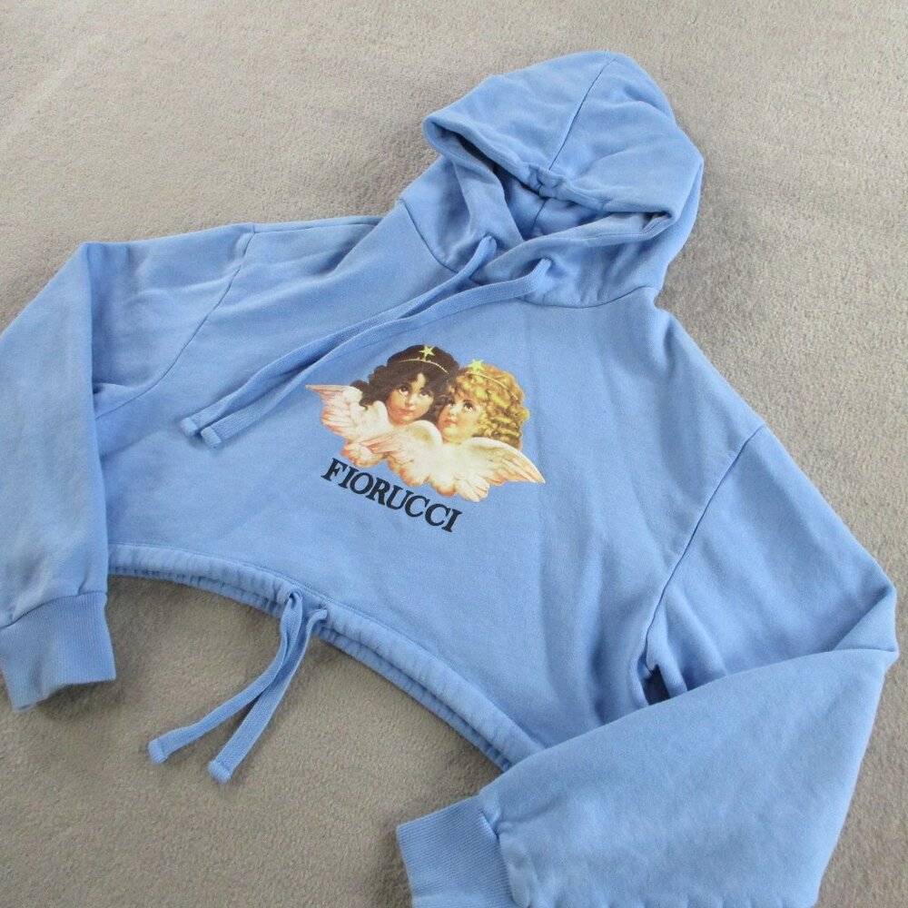 Fiorucci Hoodie Womens XS Blue Cropped Sweatshirt Angels Heaven Print Pullover - Picture 2 of 12